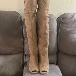 Lord & Taylor Tan Suede Over-the-Knee Peep-Toe Boots